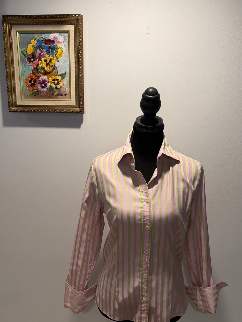 Pink Green Button Up Shirt Striped Cotton Alarm Preppy Old Money